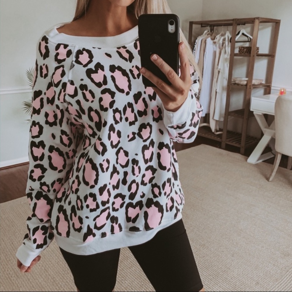 Wildfox Pink Snow Leopard Pullover Sweatshirt